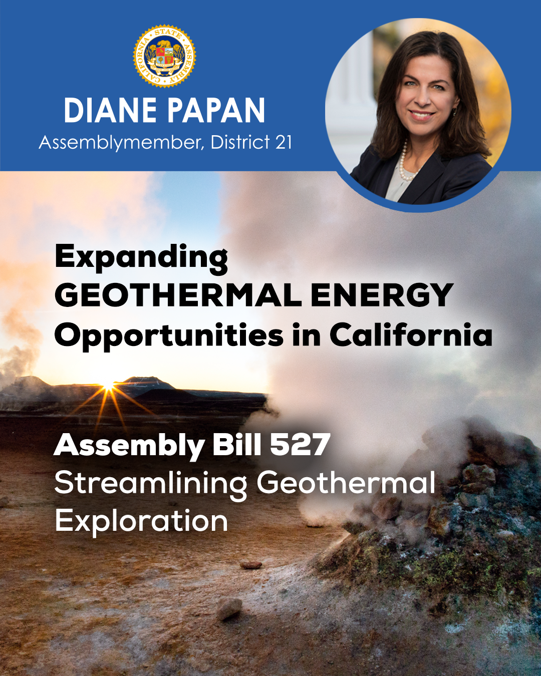 Graphic featuring Assembly Bill 527 to expand geothermal energy opportunities in California.